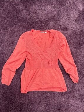 Cato Coral Pink V-Neck Sweater with Waist Bow Detail